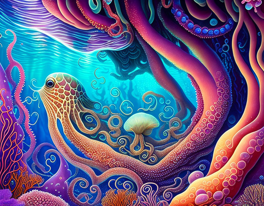Colorful Psychedelic Underwater Art with Jellyfish and Coral