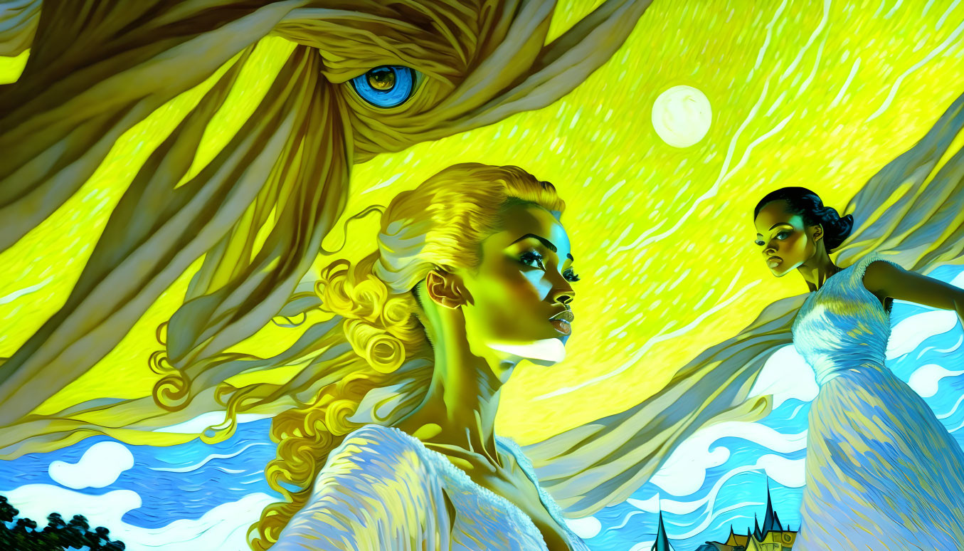 Colorful Artwork Featuring Two Women with Golden Hair in Blue Sky