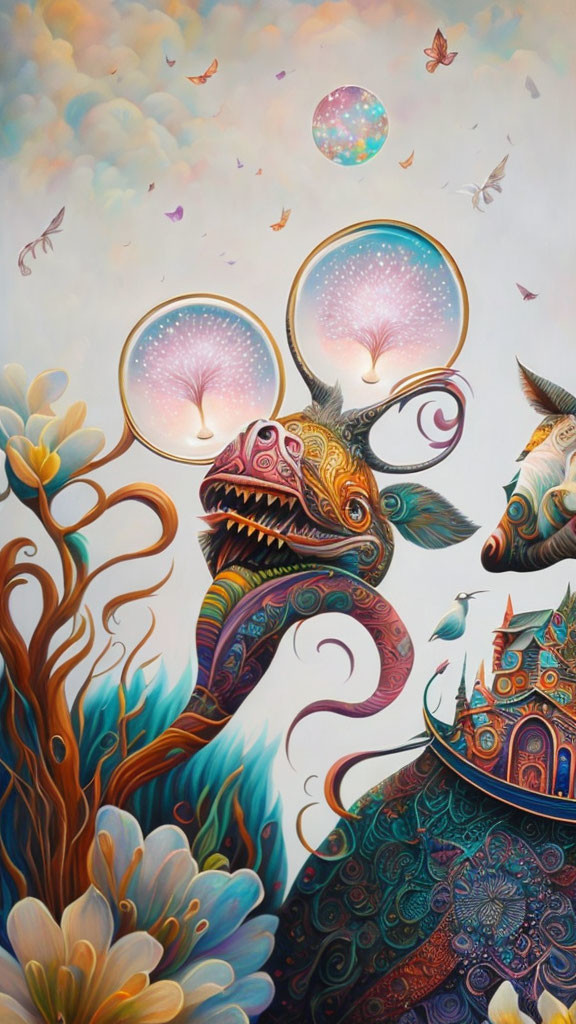 Colorful fantasy painting with whimsical creatures, floating orbs, butterflies, and castle.