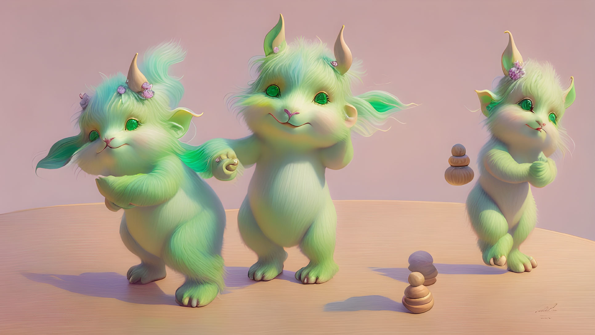Three adorable green creatures with big ears and whiskers holding objects