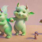 Three adorable green creatures with big ears and whiskers holding objects