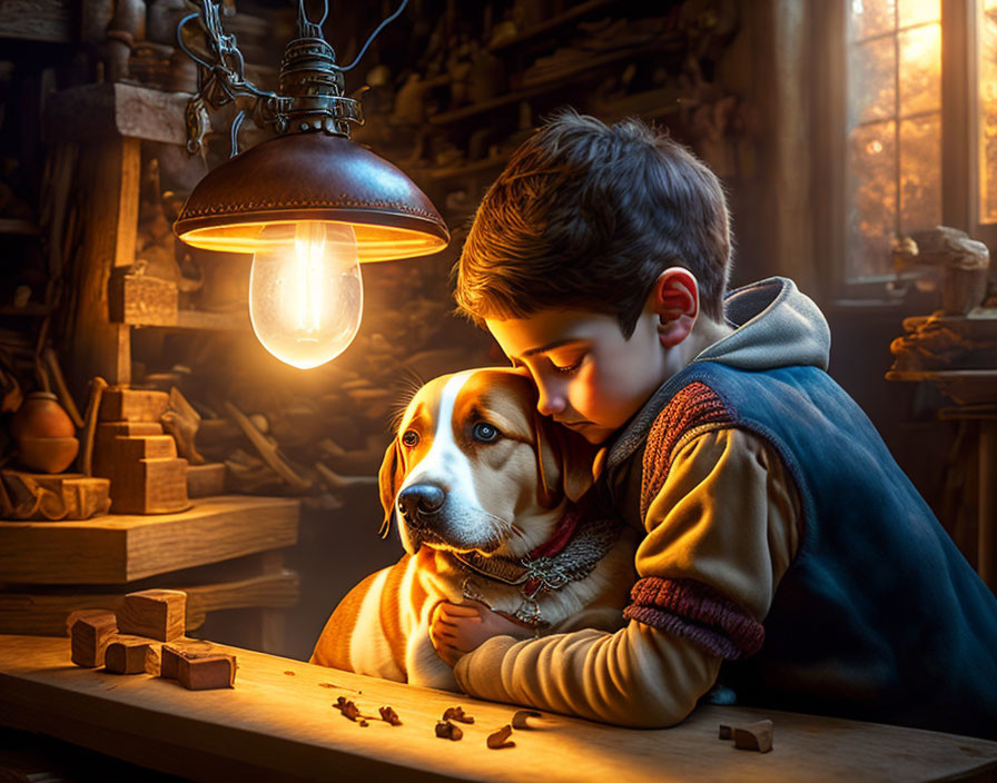 Boy embracing dog in cozy workshop with warm light
