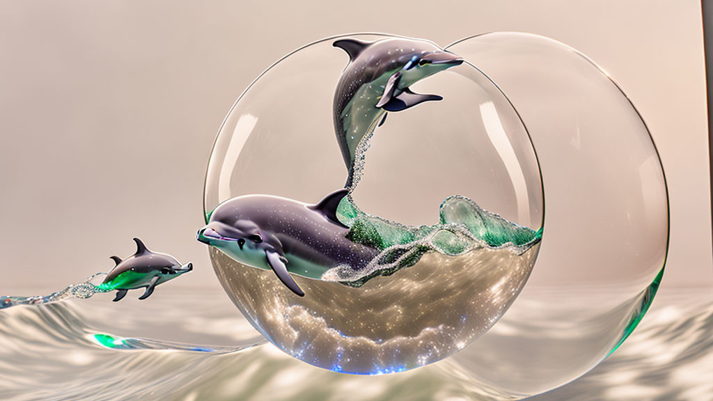Dolphins in bubbles over water: surreal digital manipulation