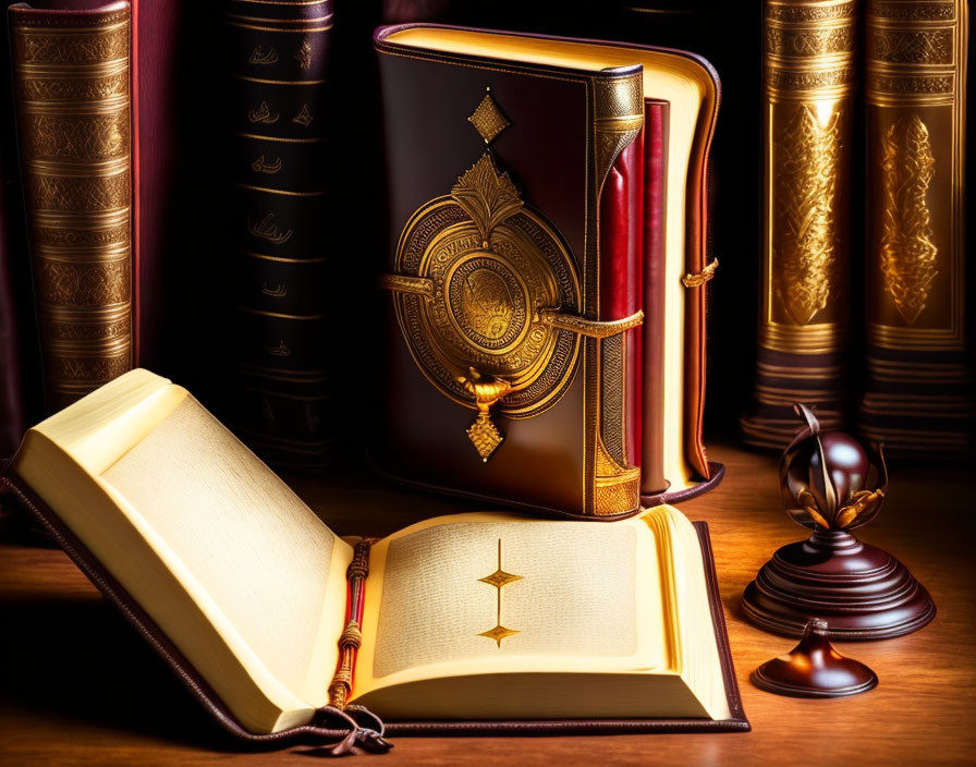 Elegant Hardcover Books with Gold Embossing and Gavel on Wooden Surface
