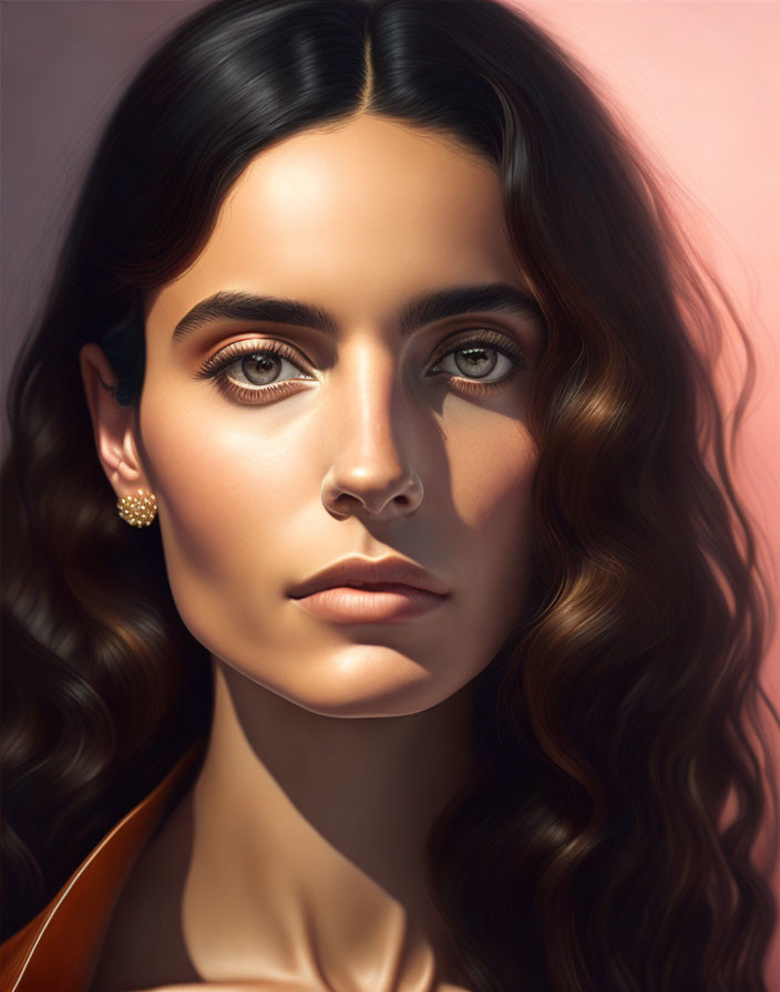 Digital artwork featuring woman with wavy brown hair and intense brown eyes in warm lighting