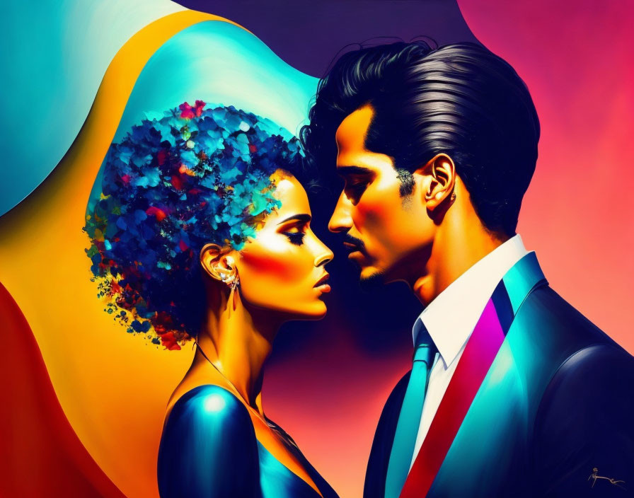 Colorful digital art of stylized man and woman in romantic pose with blue floral hairstyle