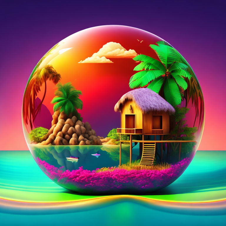 Colorful tropical island scene in bubble against purple-pink sky