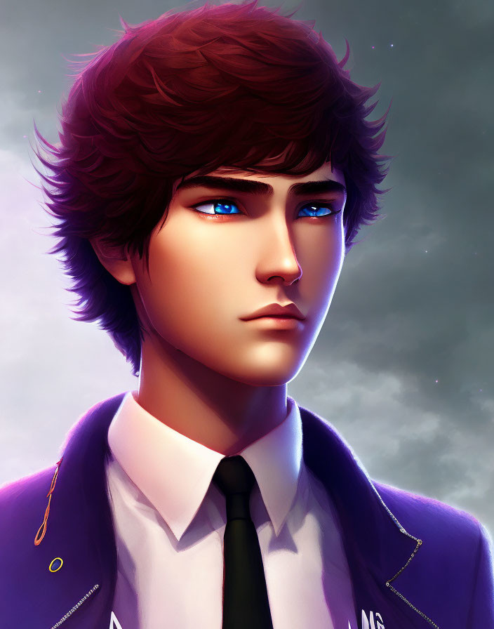 Digitally illustrated portrait of young man with blue eyes, brown hair, white shirt, tie, purple
