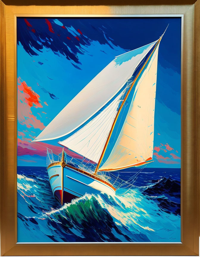Colorful Sailboat Painting with Golden Frame on Blue Seas