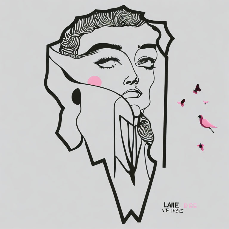 Abstract Woman's Face Illustration with Geometric Shapes and Pink Birds
