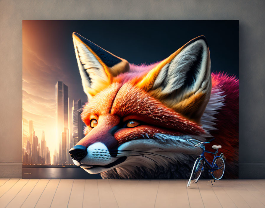 Colorful wall mural of fox with cityscape and bicycle