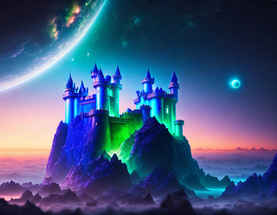 Castle in universe with star's and planet in backg