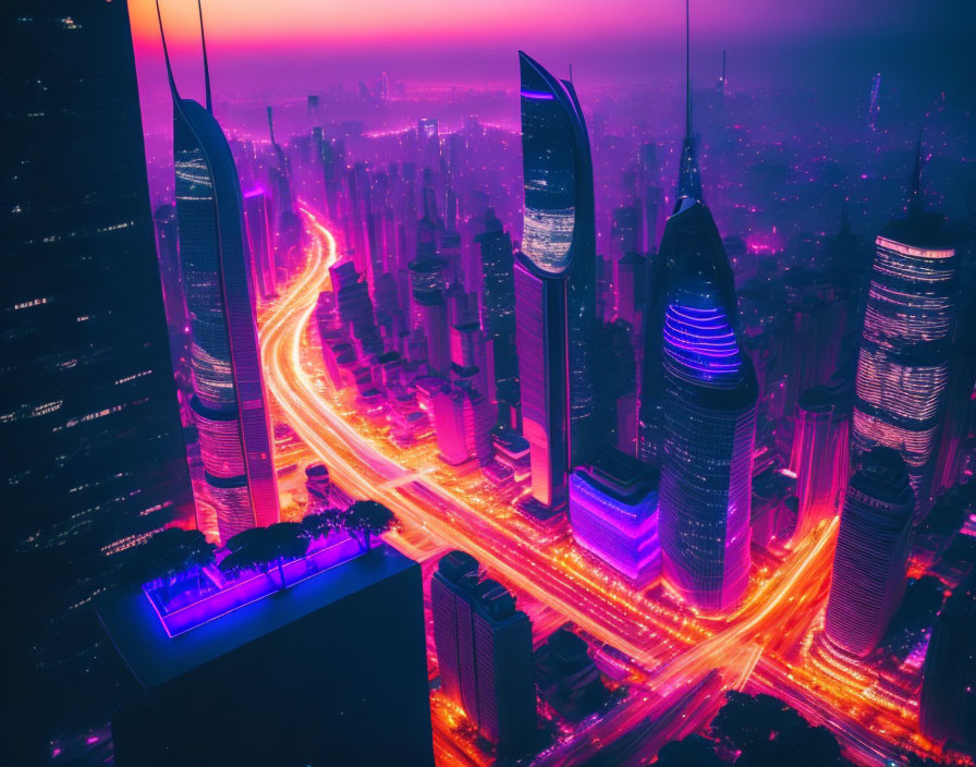 Futuristic neon cityscape at twilight with glowing skyscrapers and vibrant traffic streaks