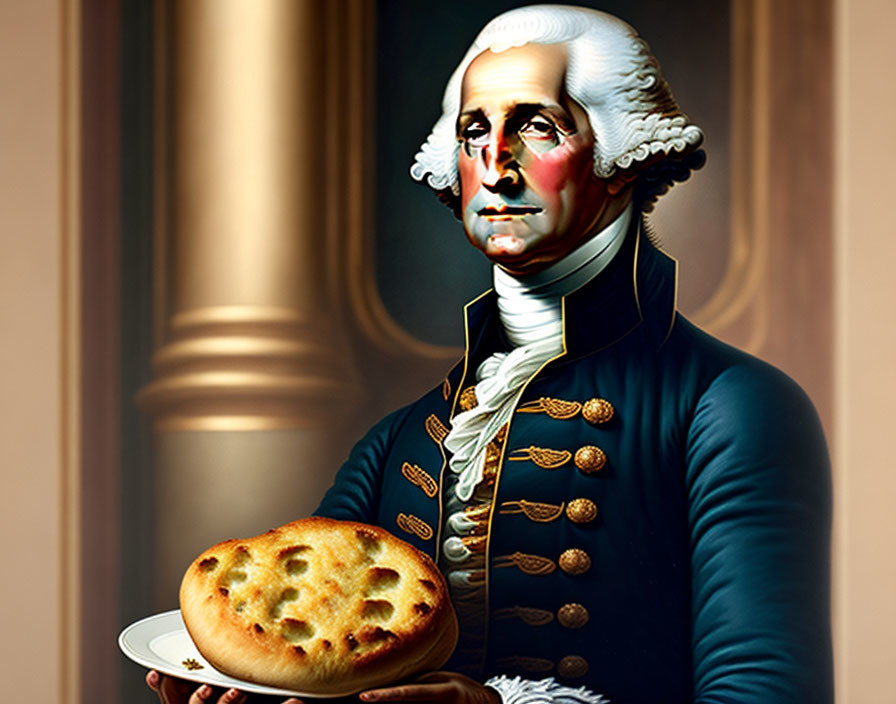 Historical figure resembling George Washington holding a pie in a modern humorous twist