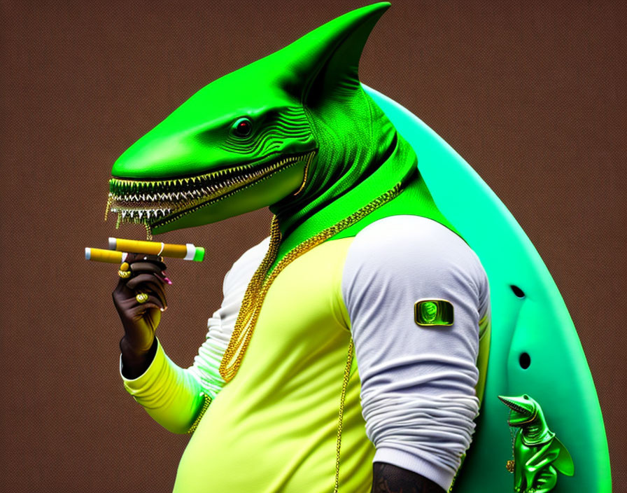 Person with Shark Head in Yellow-Green Bodysuit Holding Pencil on Brown Background