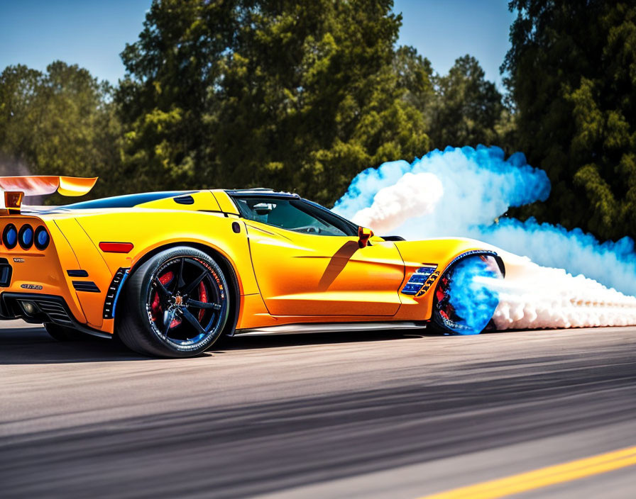Yellow sports car with racing stripes burnout emits blue smoke