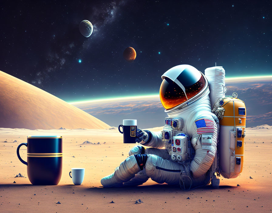Astronaut with smartphone in alien desert landscape, reflecting space helmet, oversized mug.