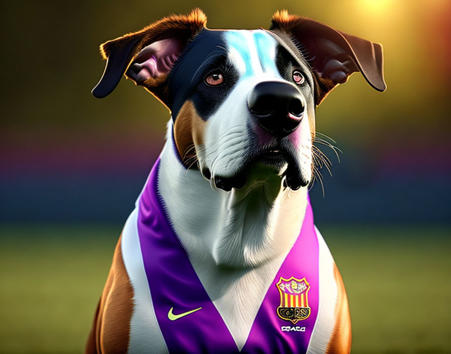 Dog in FC Barcelona jersey sitting in sunlit field