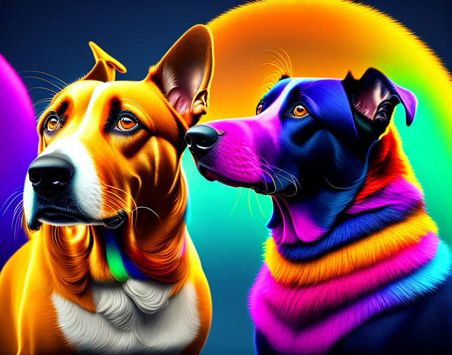 Vibrantly Colored Dogs with Neon Rainbow Aura on Dark Background