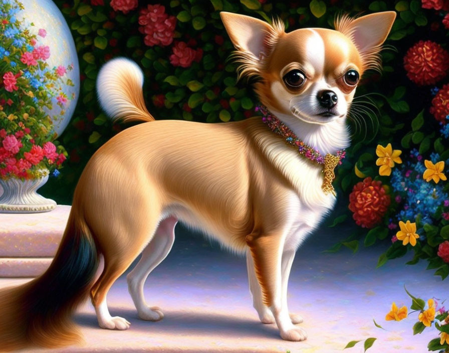 Digitally painted Chihuahua with large eyes in a floral setting