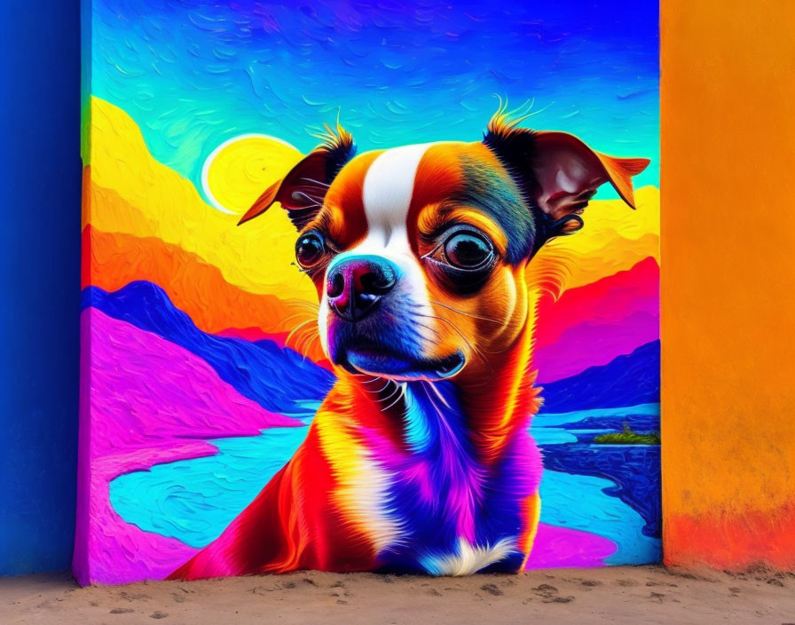 Vibrant digital artwork: stylized Chihuahua in psychedelic landscape