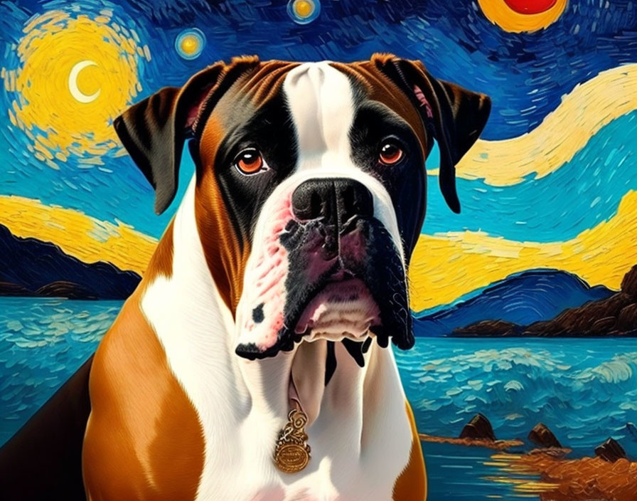 Boxer dog portrait on Van Gogh's Starry Night background