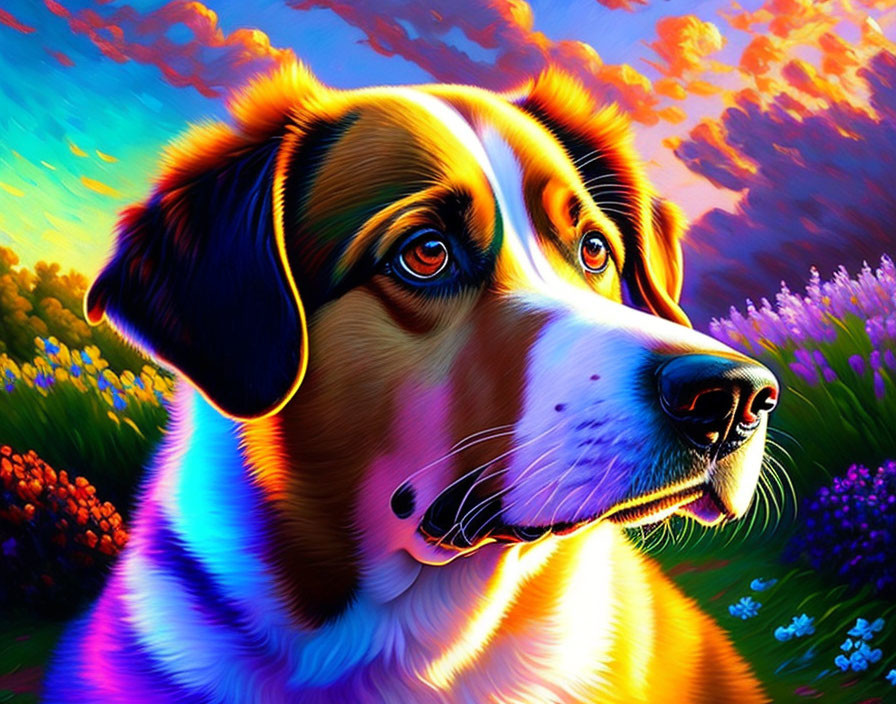 Colorful Dog Artwork with Intense Hues Against Rainbow Background