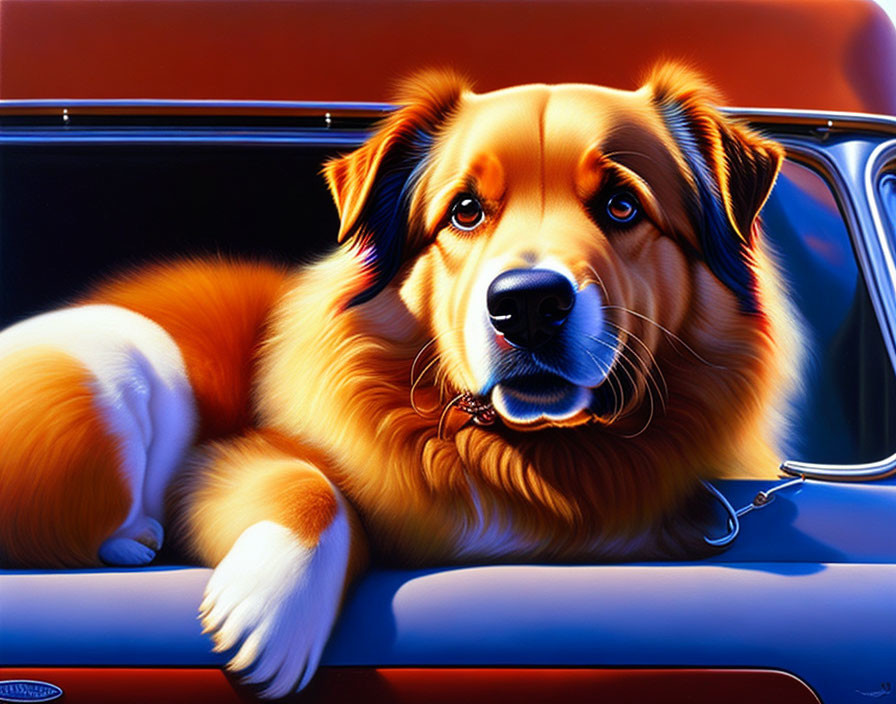 Brown and White Dog in Car with Red Interior