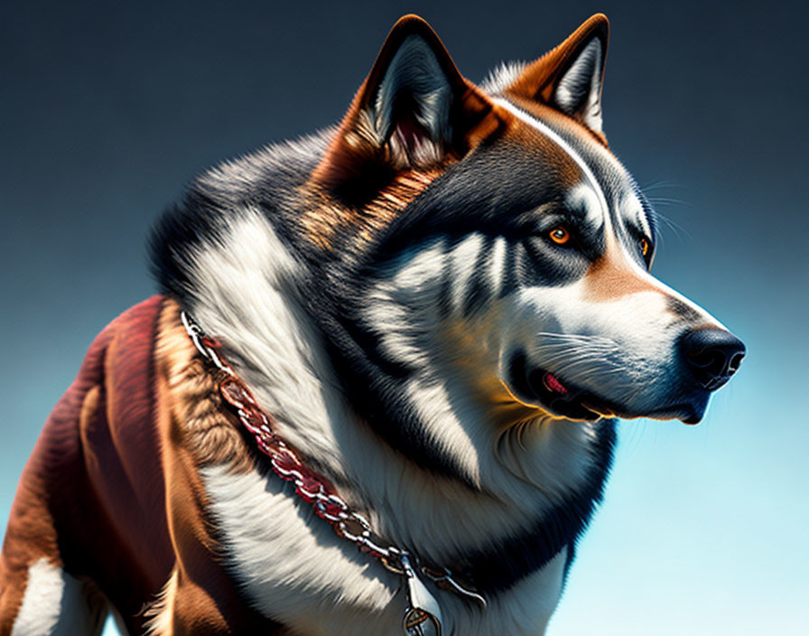Close-up of husky with striking blue eyes and chain collar on gradient blue background