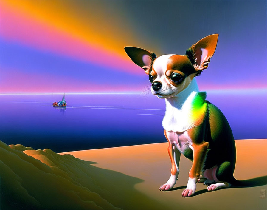 Chihuahua on beach under vibrant sunset sky with boat in distance