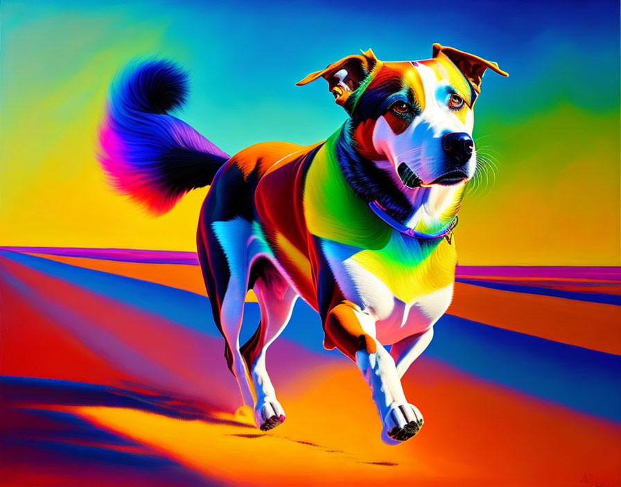 Colorful Dog Running Painting with Rainbow Hues on Multi-Colored Background
