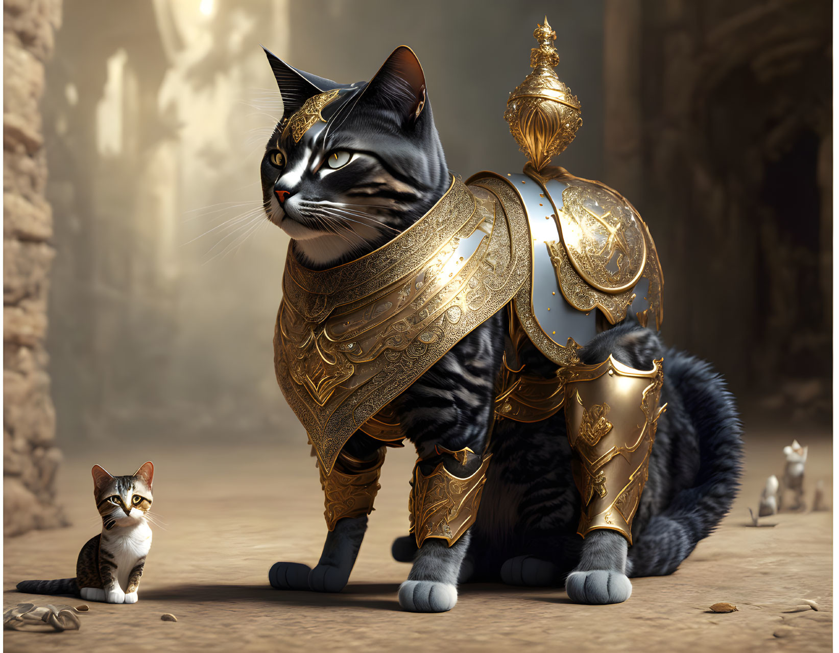Majestic cat in medieval armor with kitten in crown in grand hallway