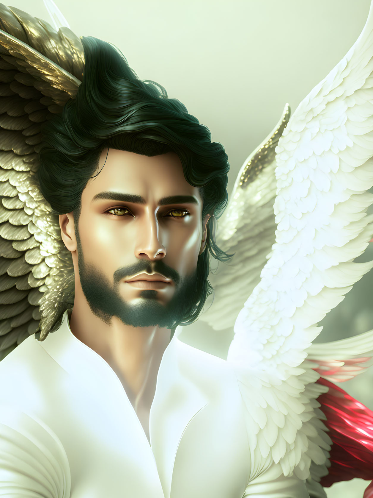 Male figure with angelic wings in white shirt and captivating gaze