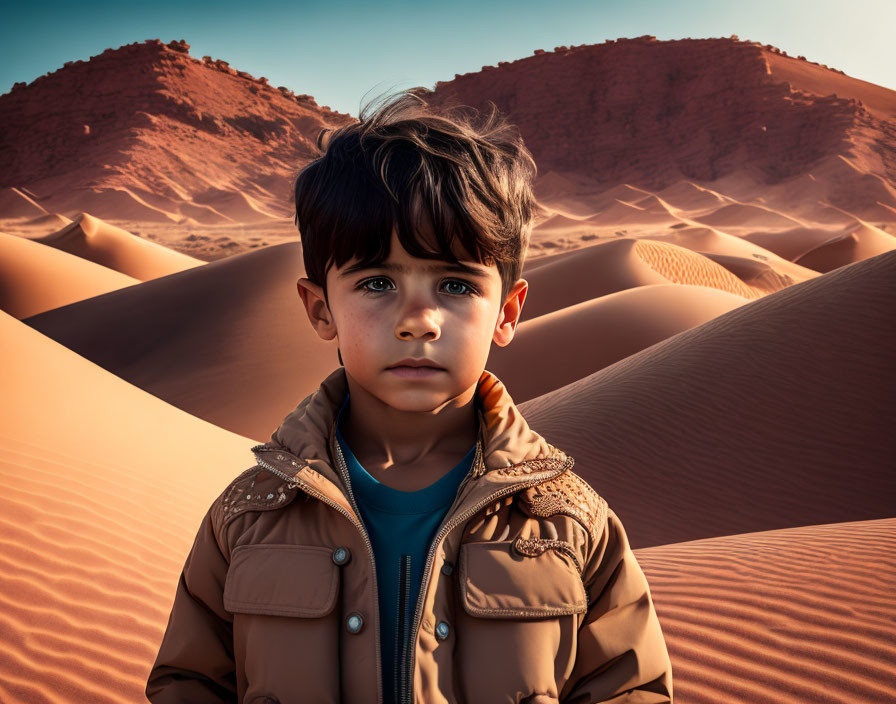 Child with Blue Eyes in Desert Landscape with Sand Dunes and Reddish Hills