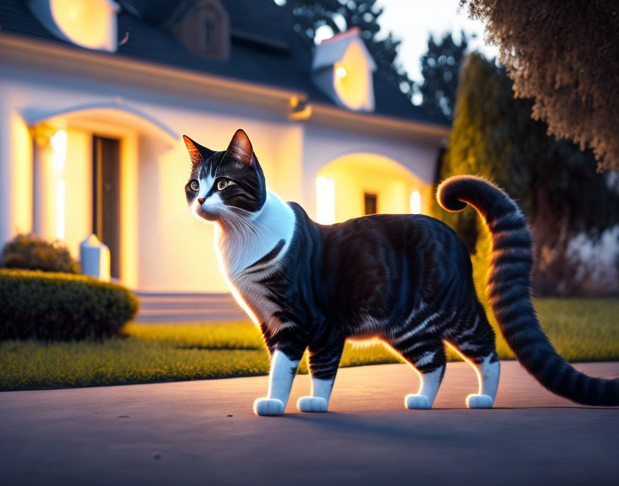 Alert black and white cat on manicured lawn at twilight with lit house.
