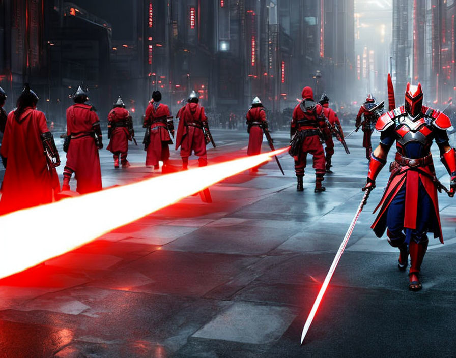 Futuristic soldiers in red armor with glowing swords in dystopian city street