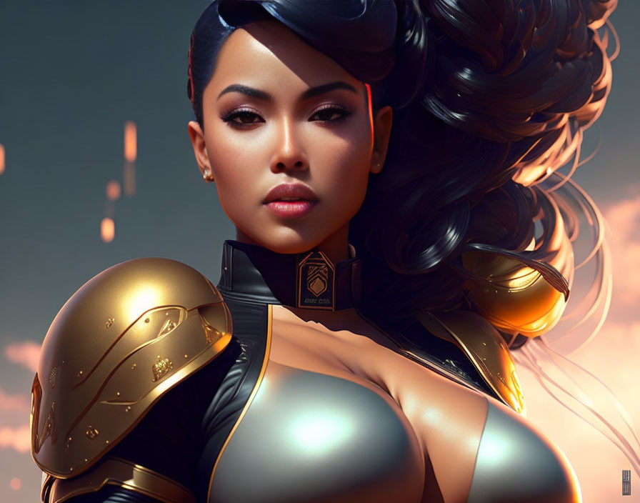 Digital artwork: Woman in futuristic armor with confident expression in glowing backdrop