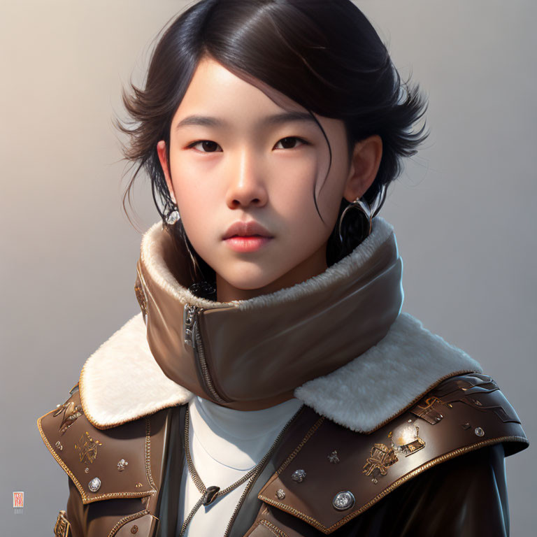 Young girl in brown leather jacket with white fur collar portrait.