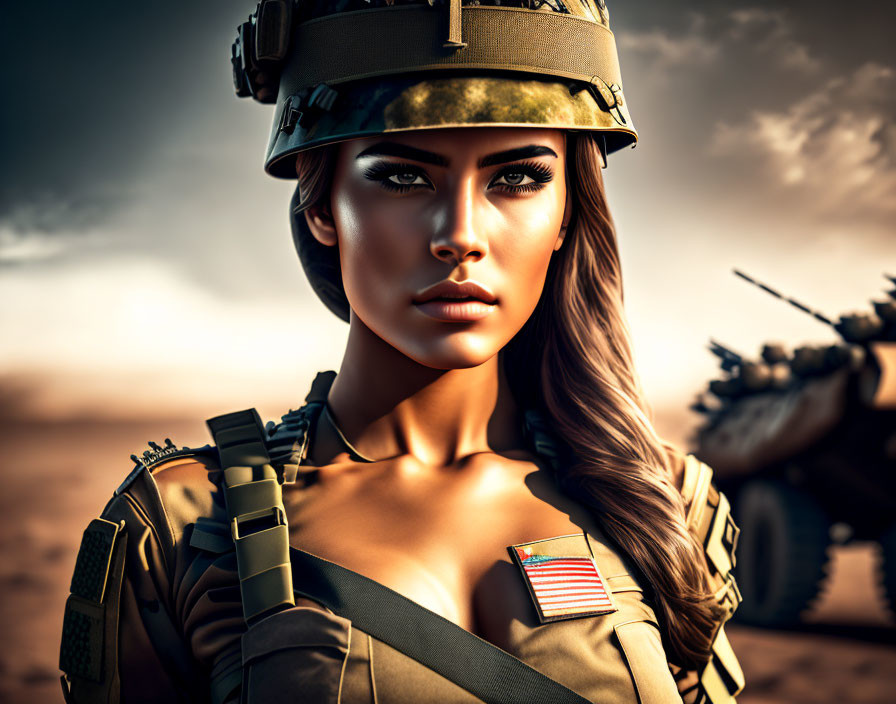 Stylized image of woman in military gear with American flag patch against war-themed backdrop