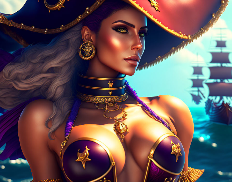 Illustration of woman in pirate attire with purple and gold clothes, large earrings, and hat; ships