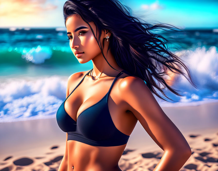 Woman in Black Bikini on Beach with Windblown Hair and Ocean Waves