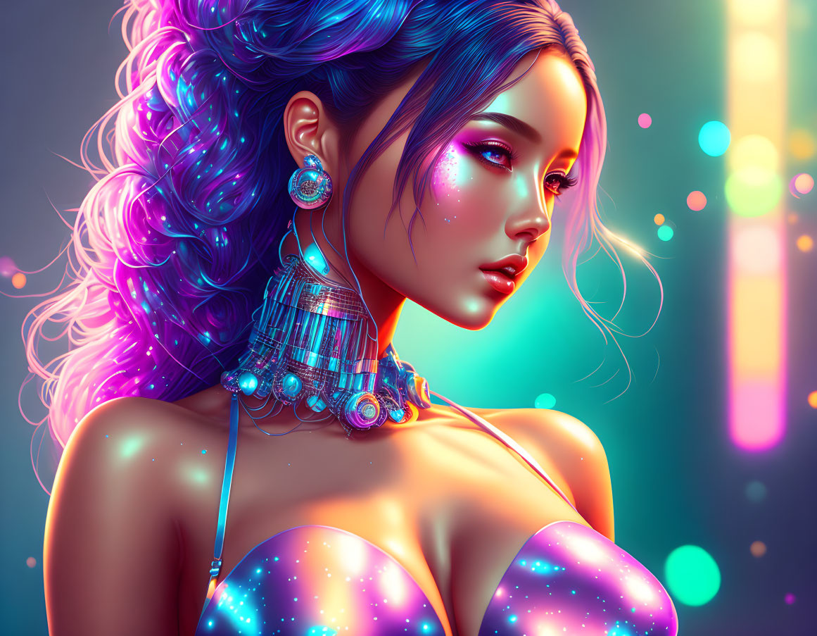 Colorful digital artwork of woman with purple hair and futuristic jewelry on neon-lit background