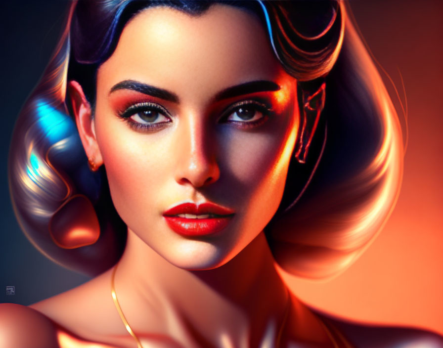Stylized digital art of woman with red lips & striking makeup