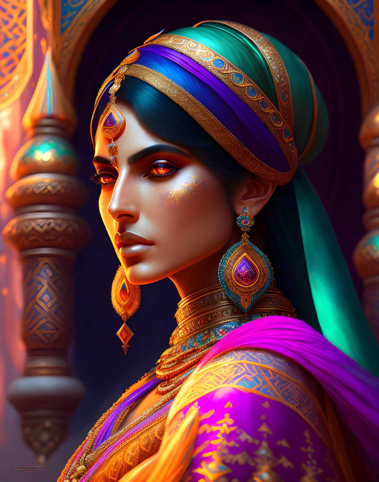 Illustrated woman in traditional attire with intricate jewelry and headpiece against ornate background