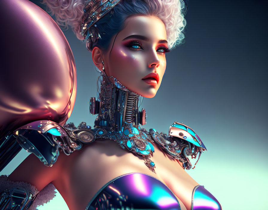 Futuristic female figure with robotic elements and vibrant colors