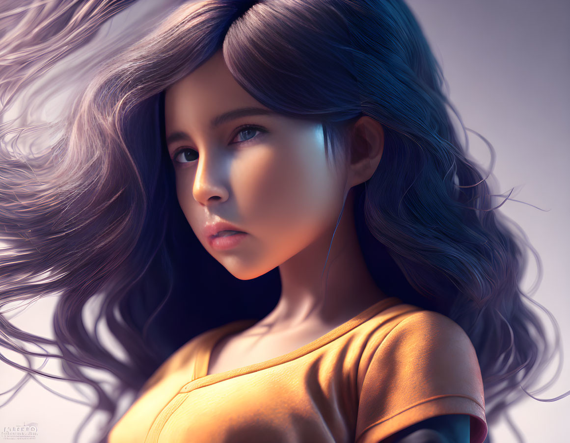 Young girl digital artwork with flowing hair and intense gaze in yellow top.