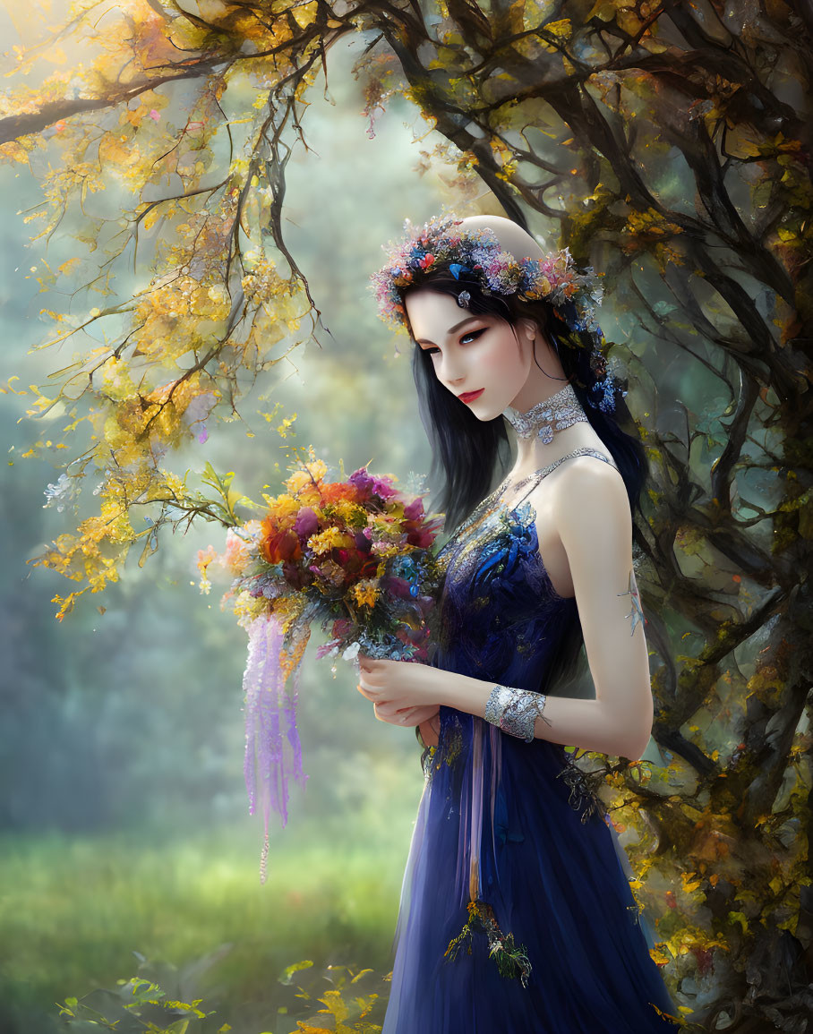 Woman in Blue Dress with Flowers and Jewelry Standing Under Blossoming Tree