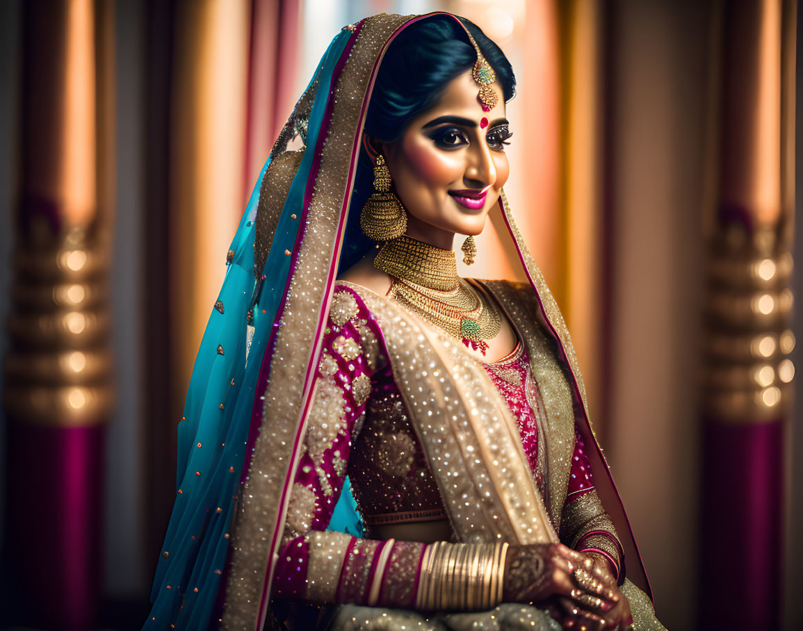 Traditional Indian Bridal Attire with Heavy Jewelry in Warmly Lit Setting