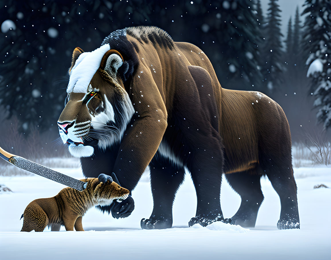 Majestic lion-tiger hybrid with antlers in snowy scene with cub and sword