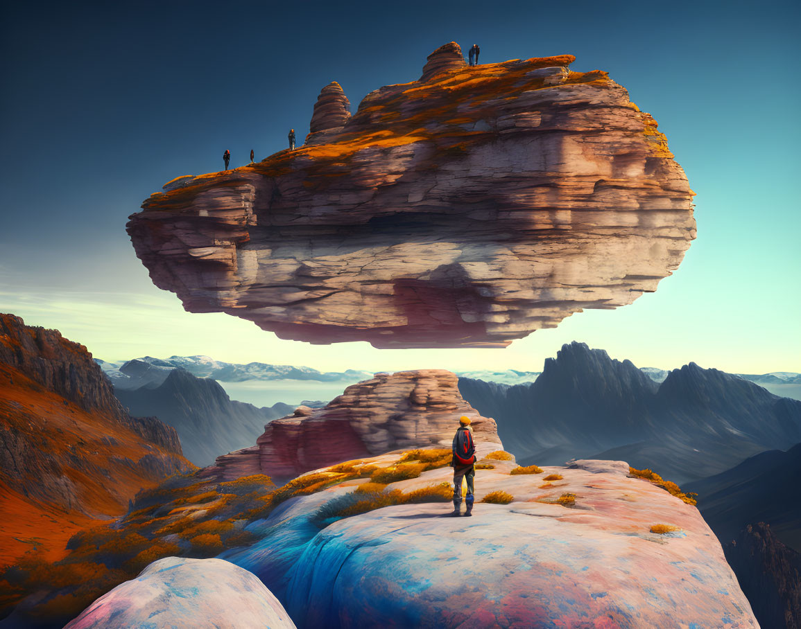 Person standing on colorful rocky outcrop gazes at massive floating rock formation in mountainous landscape